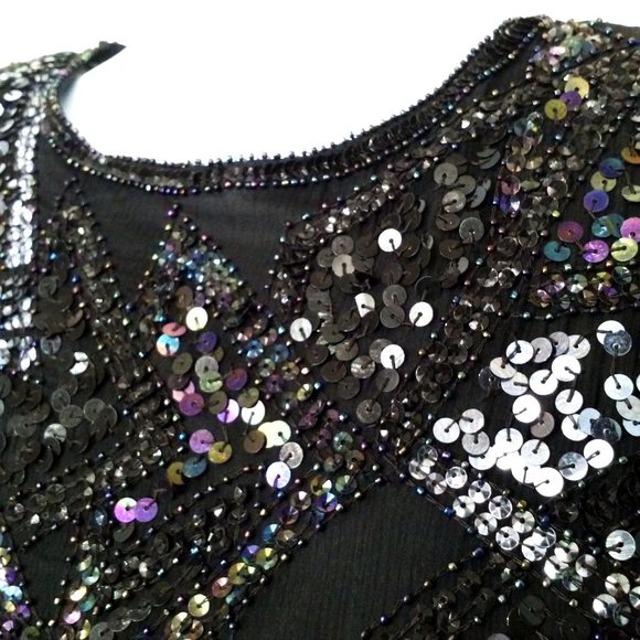 Vintage 80s Silk Sequin Beaded Crew-T Top Lady-M Keyhole SSL Bling Glam Metallic - Picture 4 of 10